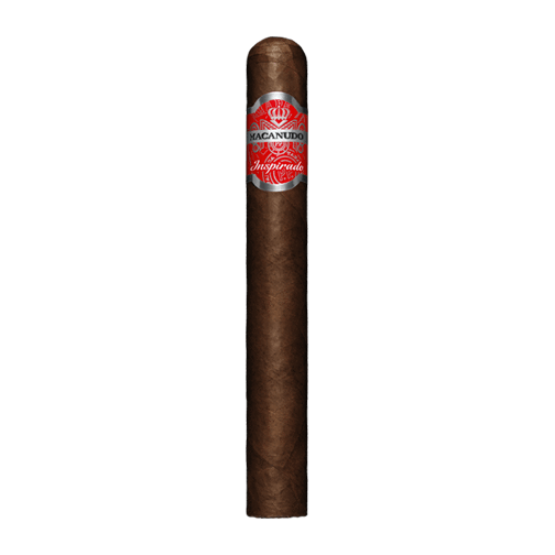 Macanudo Inspirado Red premium cigar box with several cigars arranged on a wooden surface, showcasing the elegant packaging.