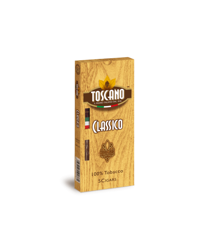 Toscano Classico premium cigar with dark brown wrapper and classic shape, showcasing a luxurious, high-quality tobacco cigar.