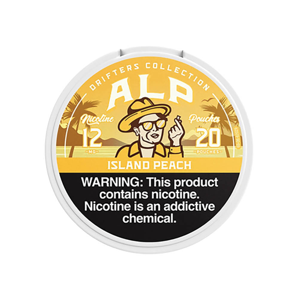 ALP Drifters Island Peach smokeless nicotine pouches in a bright, peach-flavored pouch with colorful packaging.