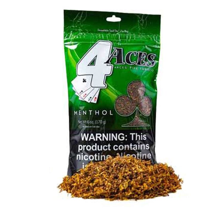 Green 4 Aces Mint Pipe Tobacco in a resealable bag, showcasing the menthol-flavored tobacco for pipe smoking enthusiasts.