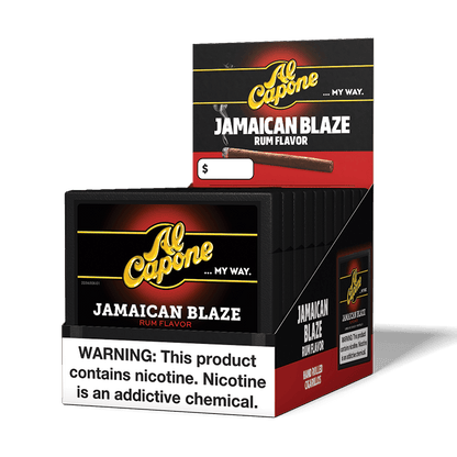 Al Capone Jamaican Blaze Premium Cigarillos in a pack, featuring dark wraps and vibrant branding, ideal for cigar enthusiasts.