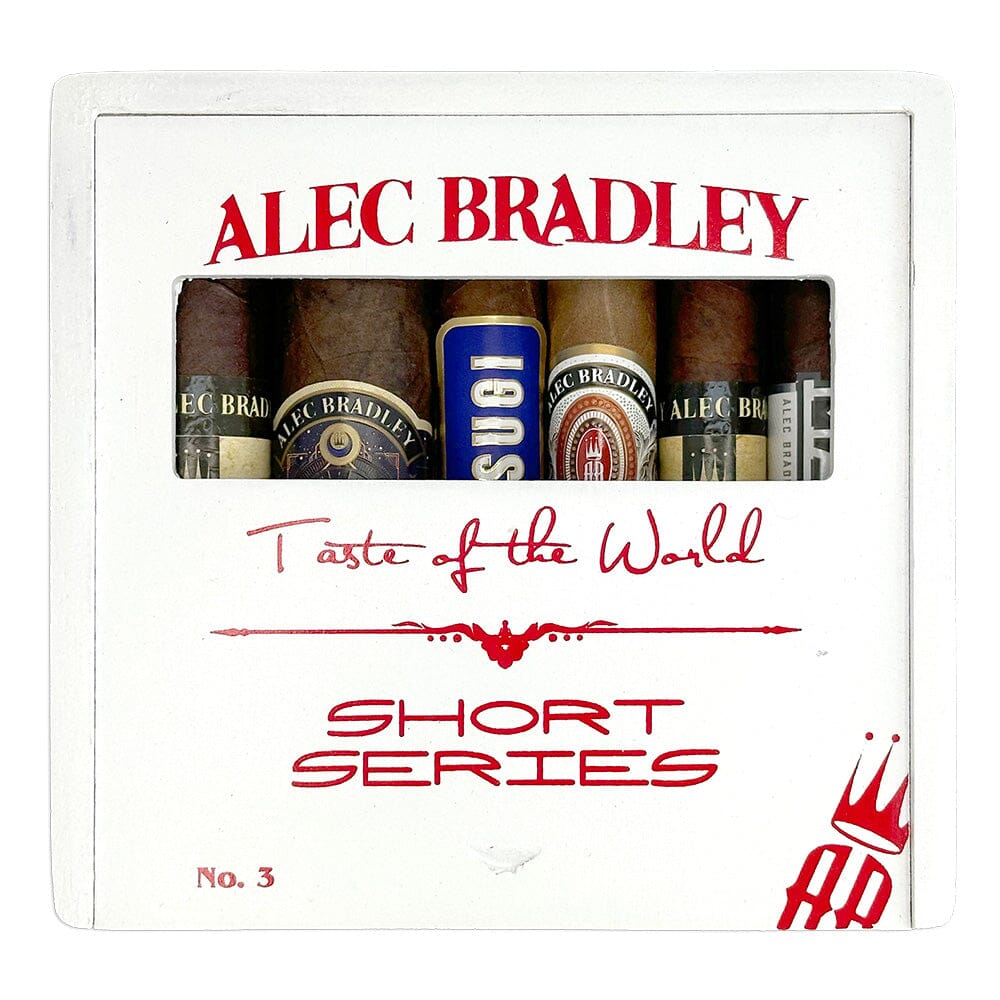 Assorted Alec Bradley Taste of the World premium cigars in a short series sampler, showcasing various cigar styles and flavors.