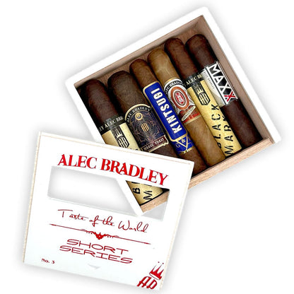 Assorted Alec Bradley Taste of the World premium cigars from the Short Series sampler displayed together.