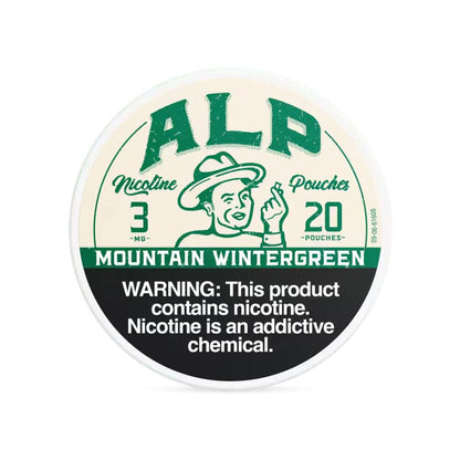 ALP Mountain Wintergreen smokeless nicotine pouches in a sleek, resealable pouch with mountain and wintergreen flavor branding.