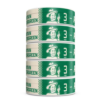 Smokeless ALP Mountain Wintergreen nicotine pouches in a white container with green and blue branding.