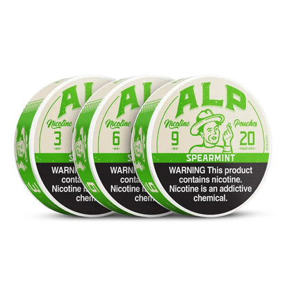Smokeless ALP Spearmint Nicotine Pouches in a pouch container, featuring fresh spearmint flavor and branded packaging.