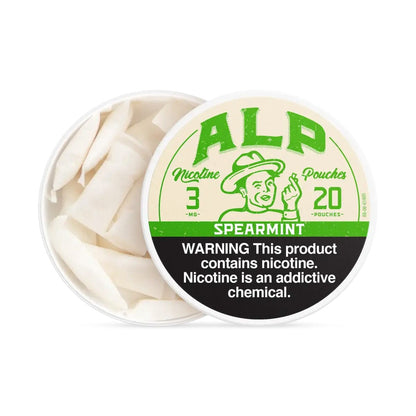 Smokeless ALP Spearmint Nicotine Pouches in a bright green container, showing the product packaging and pouches inside.