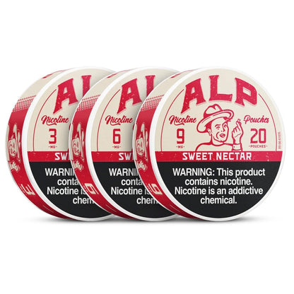 Alp Sweet Nectar smokeless nicotine pouches in a bright, colorful pouch with a tropical fruit design.