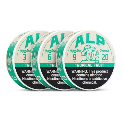 Alp Tropical Fruit Nicotine Pouches in a smokeless, chewable pouch form with tropical fruit flavor, designed for discreet use.