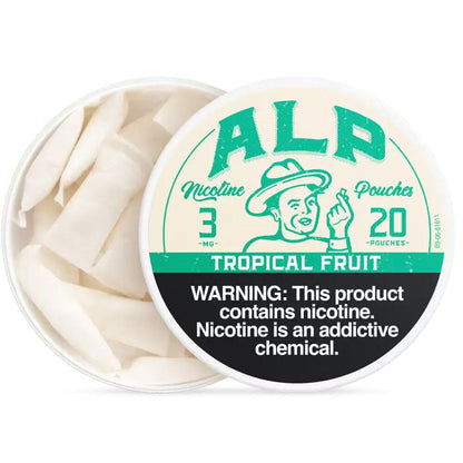 Smokeless ALP Tropical Fruit Nicotine Pouches in a container with tropical fruit illustrations on the packaging.