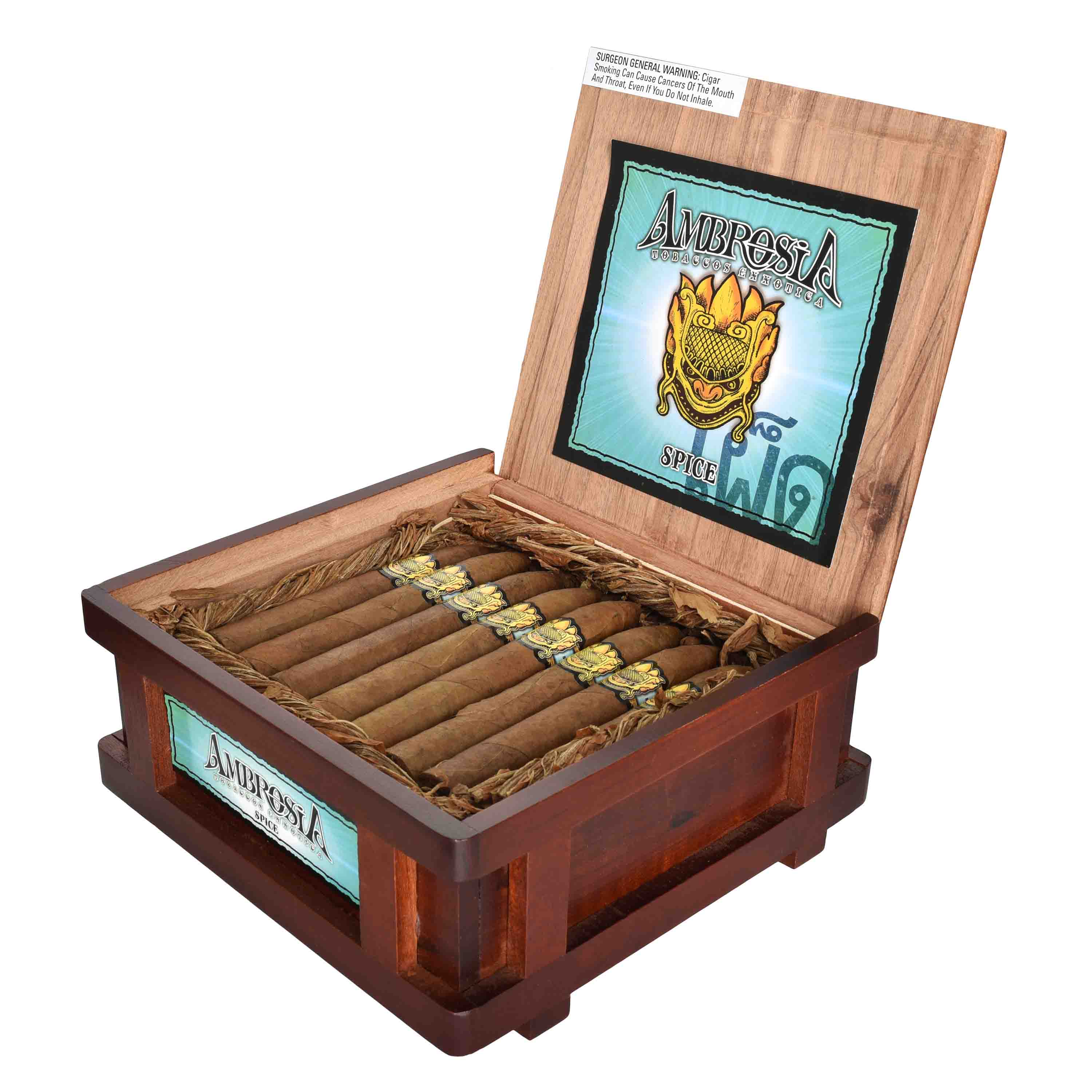 Drew Estate Ambrosia Spice Premium Cigars with rich, textured brown wrappers and detailed band featuring spice-themed design.