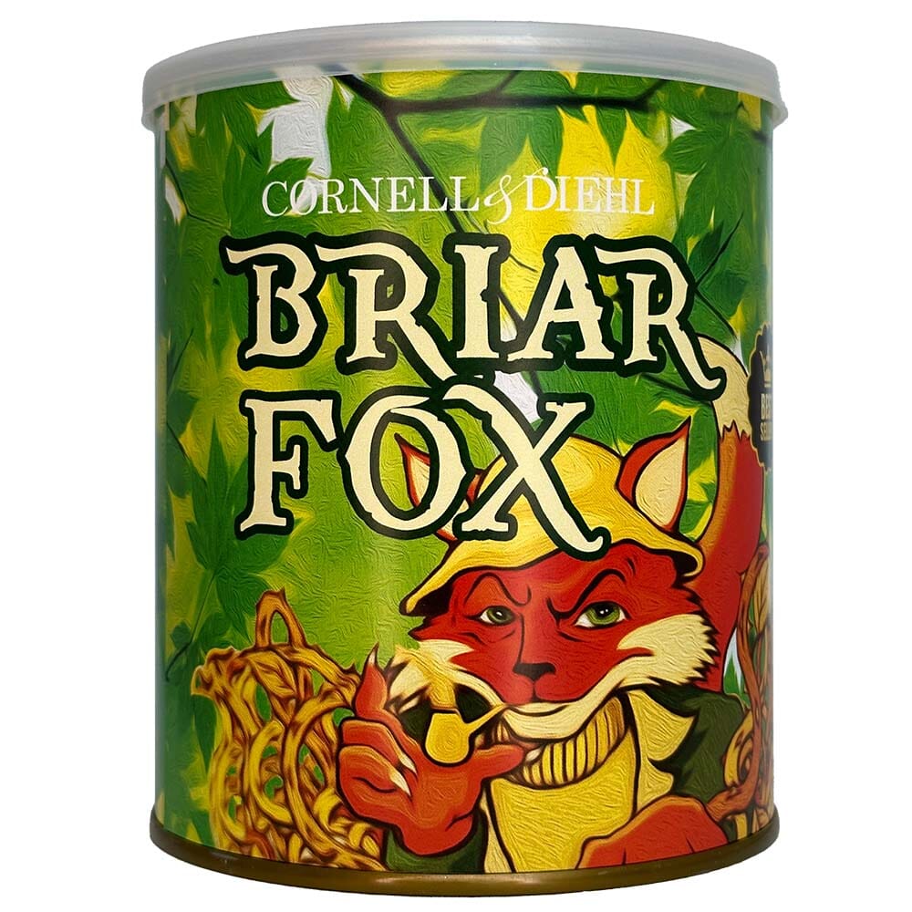 Cornell & Diehl Briar Fox premium pipe tobacco in a resealable pouch, featuring rich, blended tobacco leaves for pipe smoking.