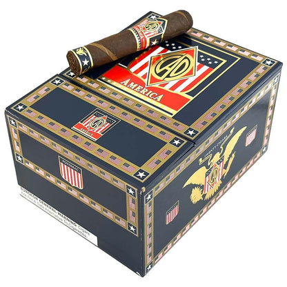 Closed CAO America Premium Cigars Landmark box with colorful artwork and branding, showcasing the cigar packaging design.