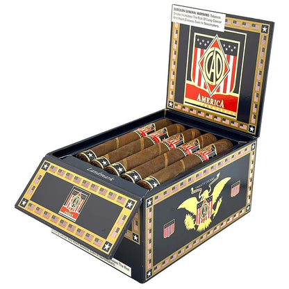 Open box of CAO America Premium Cigars showcasing a selection of flavorful cigars from the CAO brand.