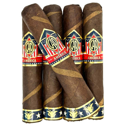 Five CAO America premium cigars in a sleek packaging, showcasing the distinctive branding and design of the CAO cigar line.