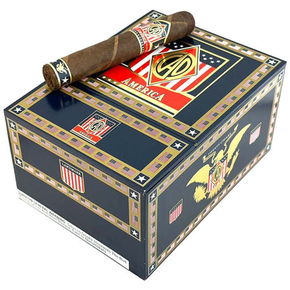 Closed box of CAO America Premium Cigars, featuring the CAO brand and patriotic-themed packaging.