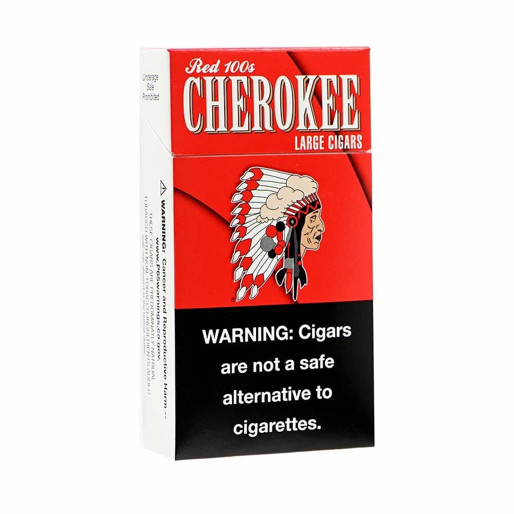 Red pack of Cherokee Full Flavor Little Cigars showing the packaging and branding on the product.