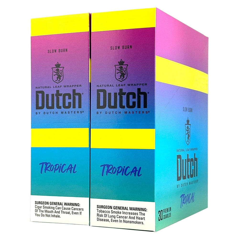 Machine-made Dutch Masters Tropical Fusion cigarillos with colorful packaging and tropical flavor accents.