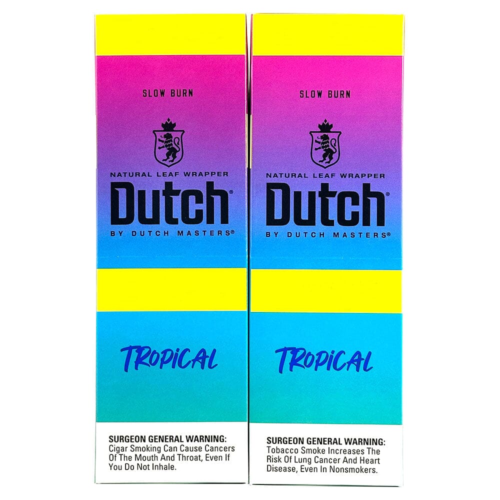 Machine-made Dutch Masters Tropical Fusion cigarillos in vibrant packaging with tropical fruit design.