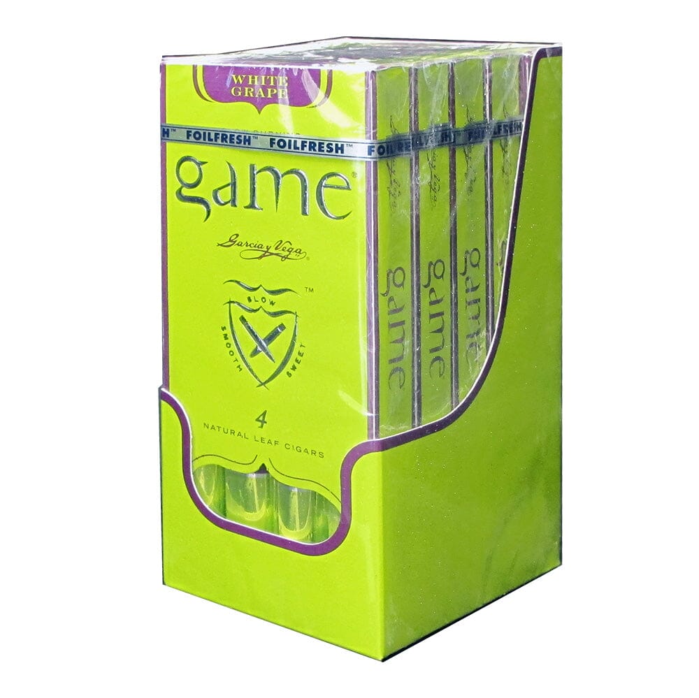 Machine-made Game White Grape Palmas cigar with white grape band and textured wrapper, displayed against a neutral background.