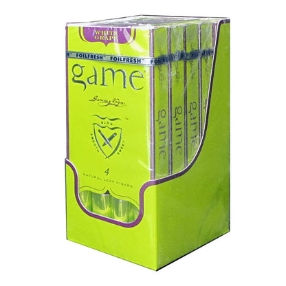 Machine-made Game White Grape Palmas cigar with white grape band and textured wrapper, displayed against a neutral background.