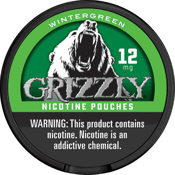 Grizzly smokeless nicotine pouches in wintergreen flavor, featuring a silver tin with 12mg nicotine strength.