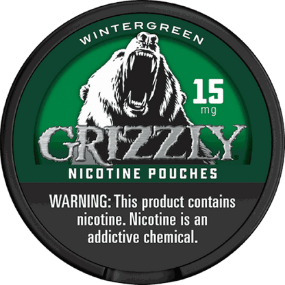 Grizzly Wintergreen nicotine pouches in a pack with 15mg nicotine, smokeless tobacco alternative, displayed in the image.