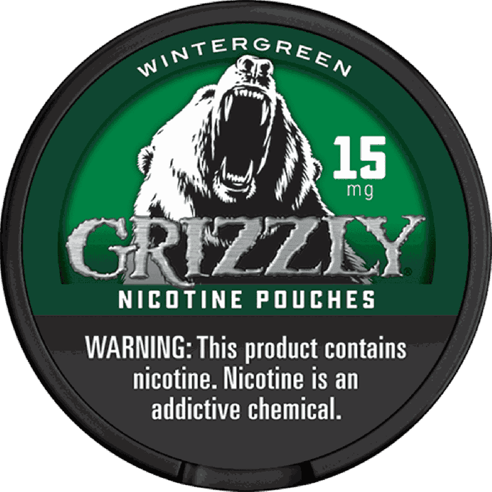 Grizzly Wintergreen nicotine pouches in a pack with 15mg nicotine, smokeless tobacco alternative, displayed in the image.