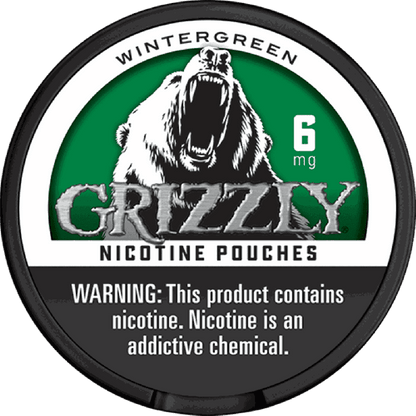 Grizzly Smokeless Nicotine Pouches Wintergreen flavor in a can, showing six pouches for discreet tobacco alternative use.