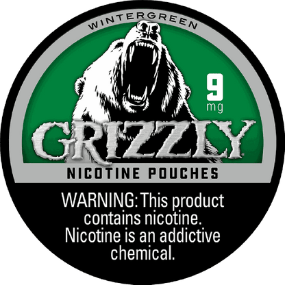 Grizzly Wintergreen smokeless nicotine pouches, 9mg, with green and white packaging and wintergreen flavor.