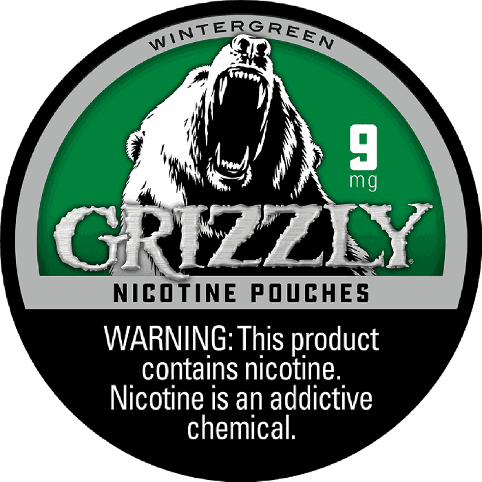 Grizzly Wintergreen smokeless nicotine pouches, 9mg, with green and white packaging and wintergreen flavor.