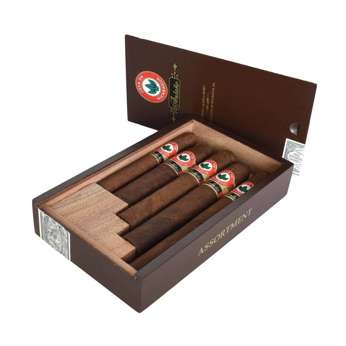 Assorted Joya de Nicaragua Antano premium cigars in a sampler pack, showcasing rich, dark cigar wrappers and premium branding.