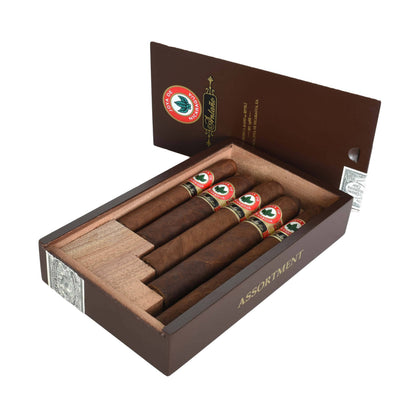 Assorted Joya de Nicaragua Antano premium cigars in a sampler pack, showcasing rich, dark cigar wrappers and premium branding.