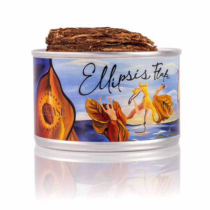 G.L. Pease Ellipsis Flake premium pipe tobacco in a resealable pouch, showcasing golden and dark tobacco flakes.
