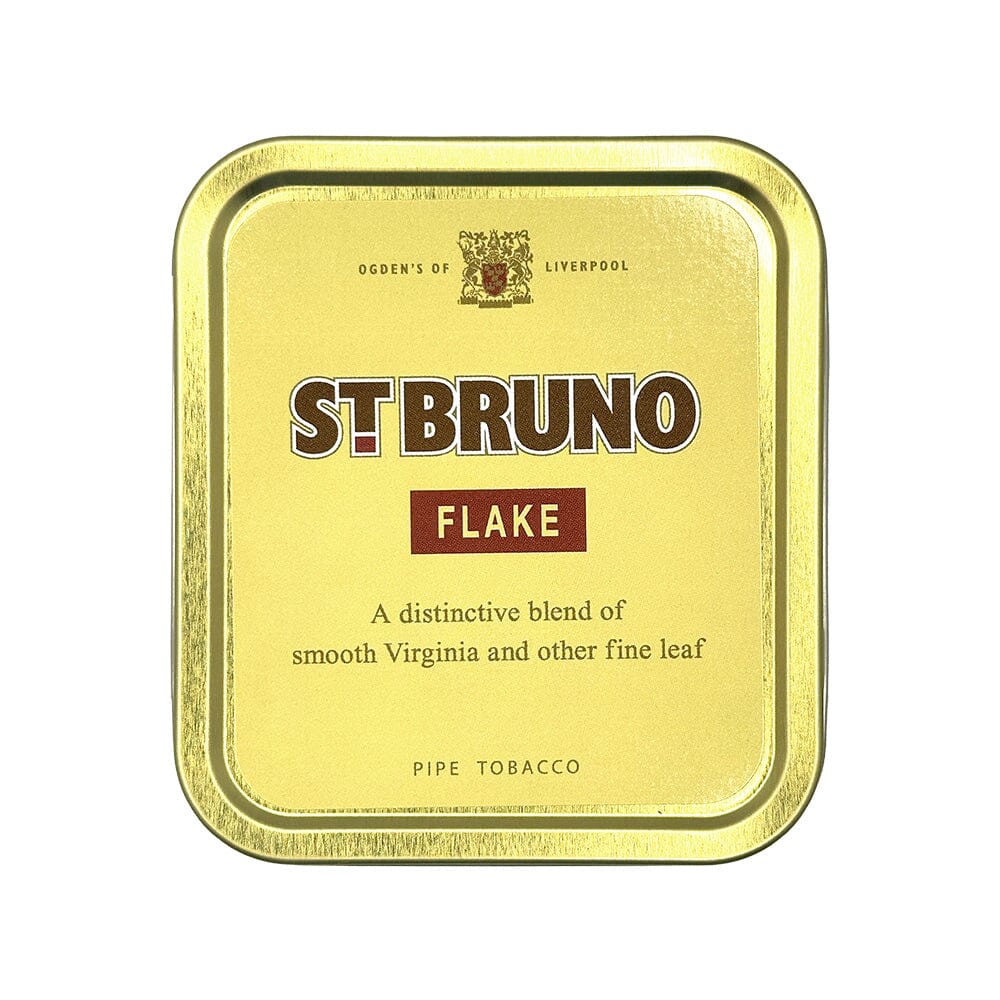 Mac Baren St. Bruno Flake pipe tobacco in a tin, showing the tightly packed flake tobacco ready for pipe smoking.