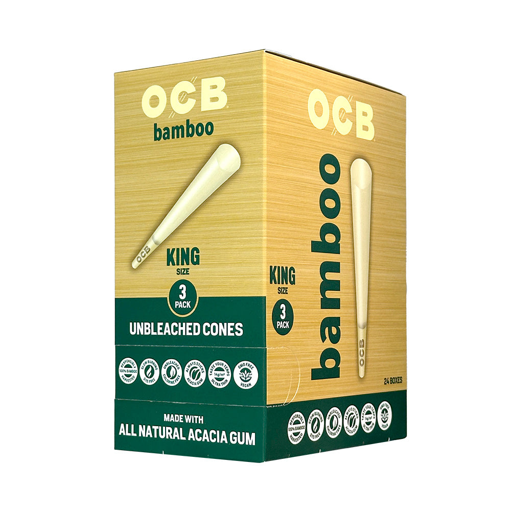 OCB Bamboo King Cones cigar cones, natural bamboo material, tall cylindrical shape, ideal for rolling cigarettes or cigars.