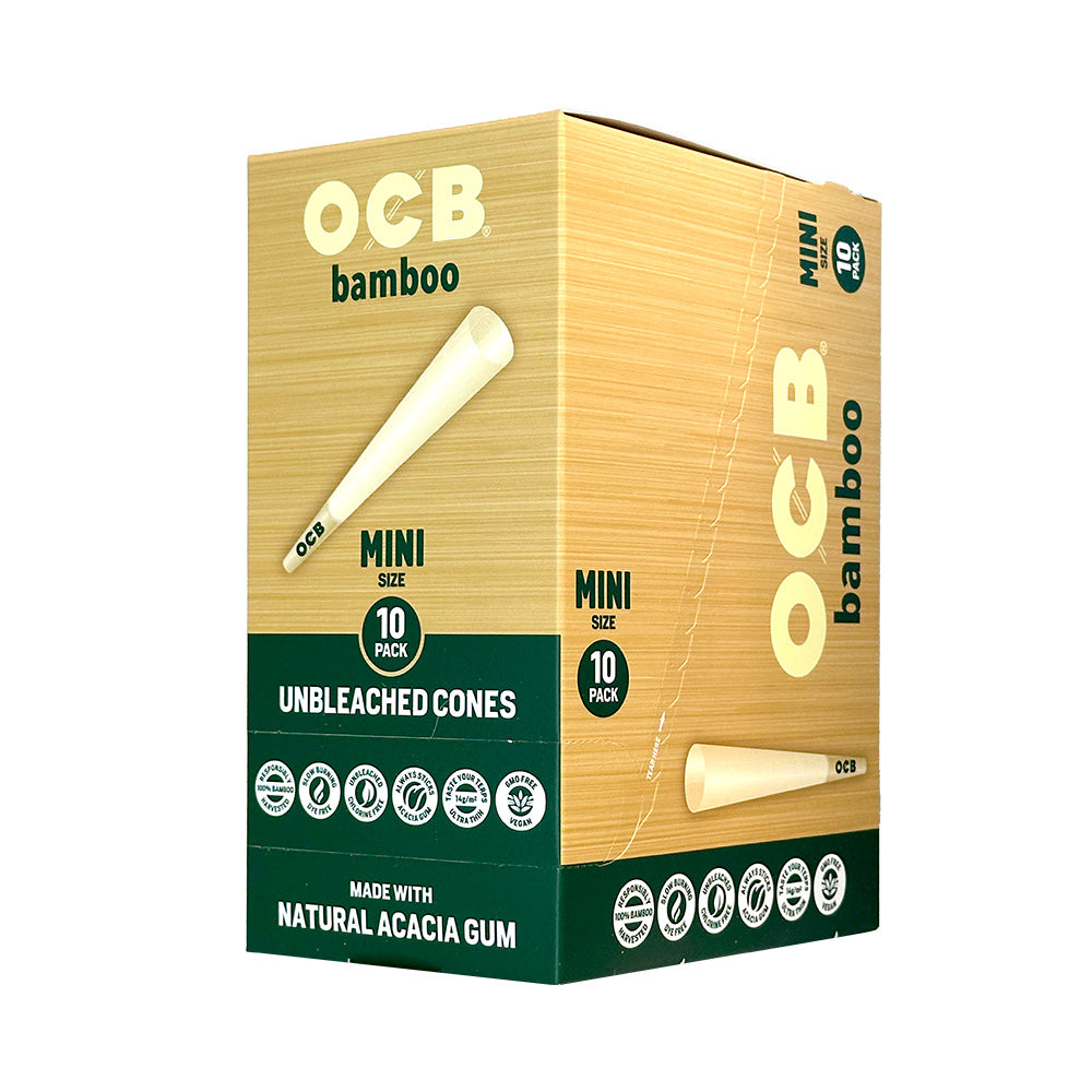 OCB bamboo mini cigar cones displayed, small natural bamboo rolling cones for hand-rolled cigarettes or blunts.