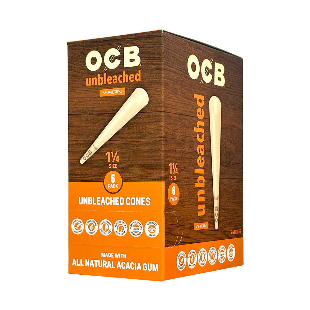OCB Virgin 1 1/4 cigar cones made of unbleached paper, designed for rolling cigars with natural, high-quality materials.