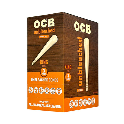 Unbleached OCB Virgin King Cigar Cones stacked in a row, showcasing natural brown rolling paper for hand-rolled cigars.