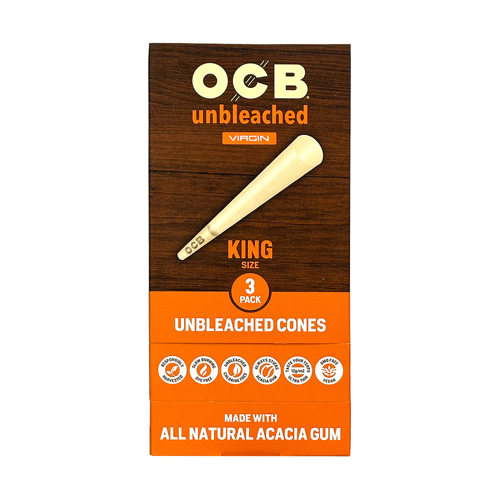 Unbleached OCB Virgin King cigar cones stacked, natural unbleached rolling cones for hand-rolled cigars, branded OCB.