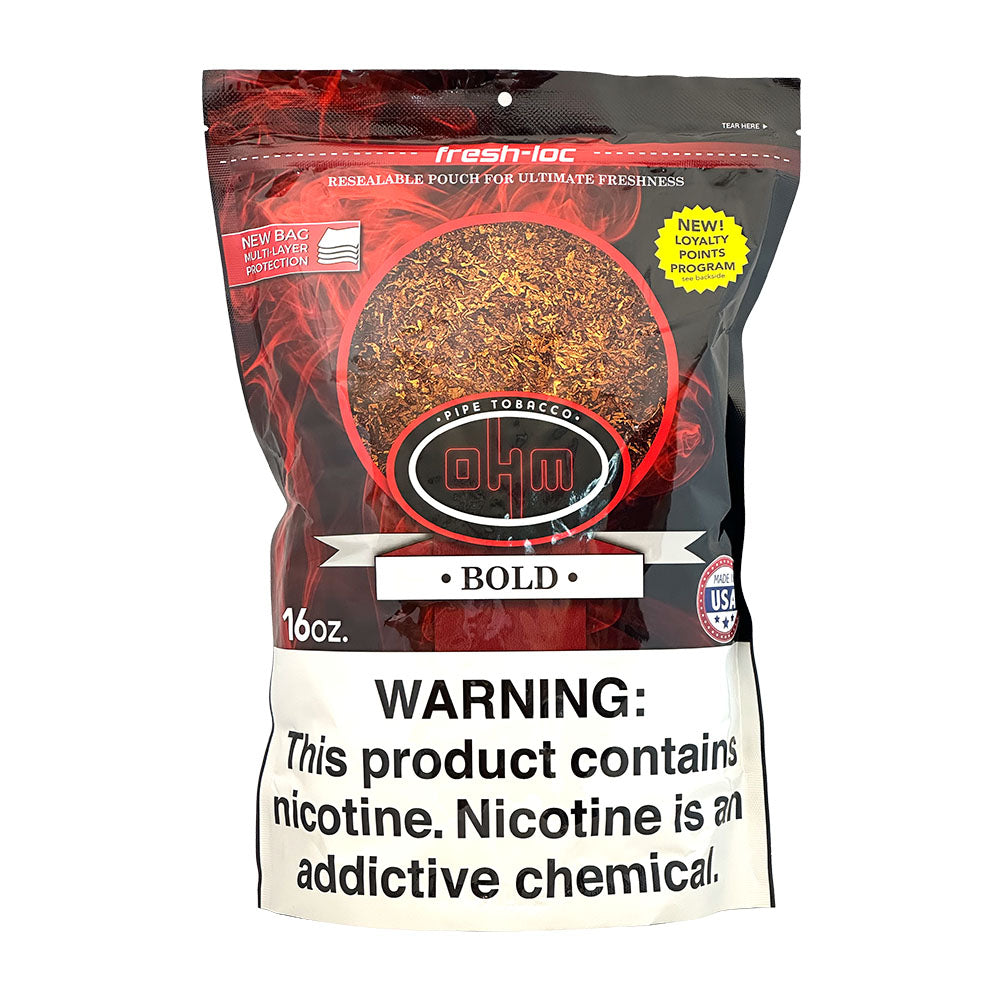 A 16oz bag of OHM Bold Pipe Tobacco showing the branded packaging and tobacco contents inside.