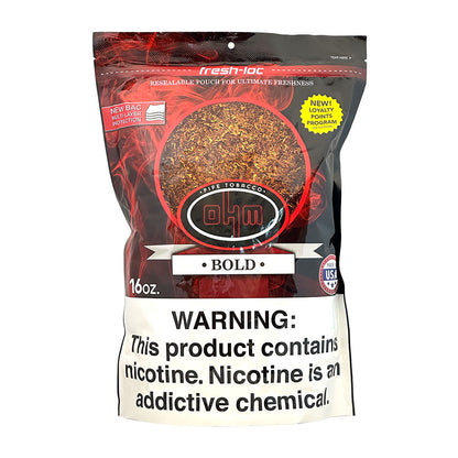 A 16oz bag of OHM Bold Pipe Tobacco showing the branded packaging and tobacco contents inside.