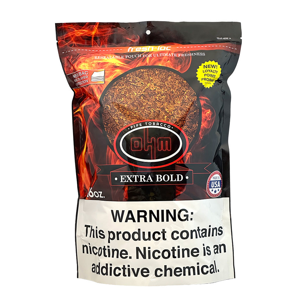 OHM Extra Bold Pipe Tobacco in a 16oz bag, highlighting thick, rich tobacco leaves for pipe smoking.