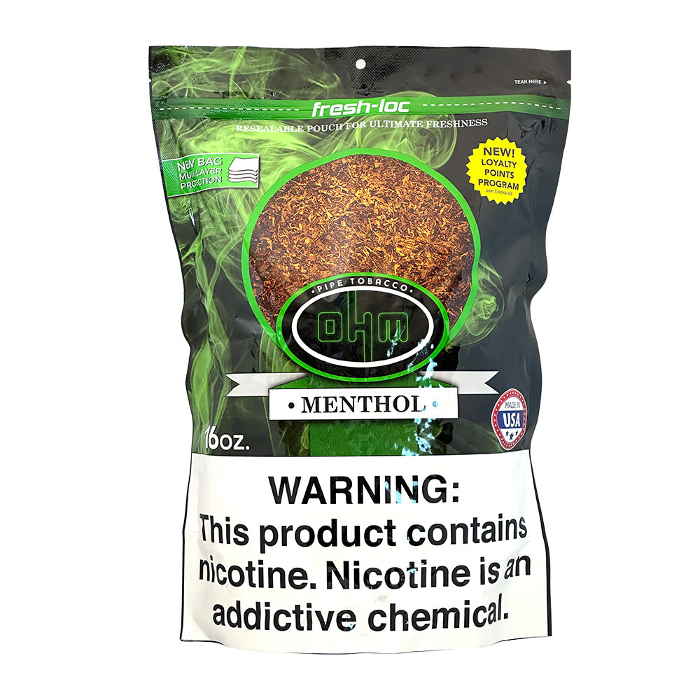 OHM Menthol Pipe Tobacco in a 16oz bag, featuring fresh menthol flavor and traditional pipe tobacco packaging.