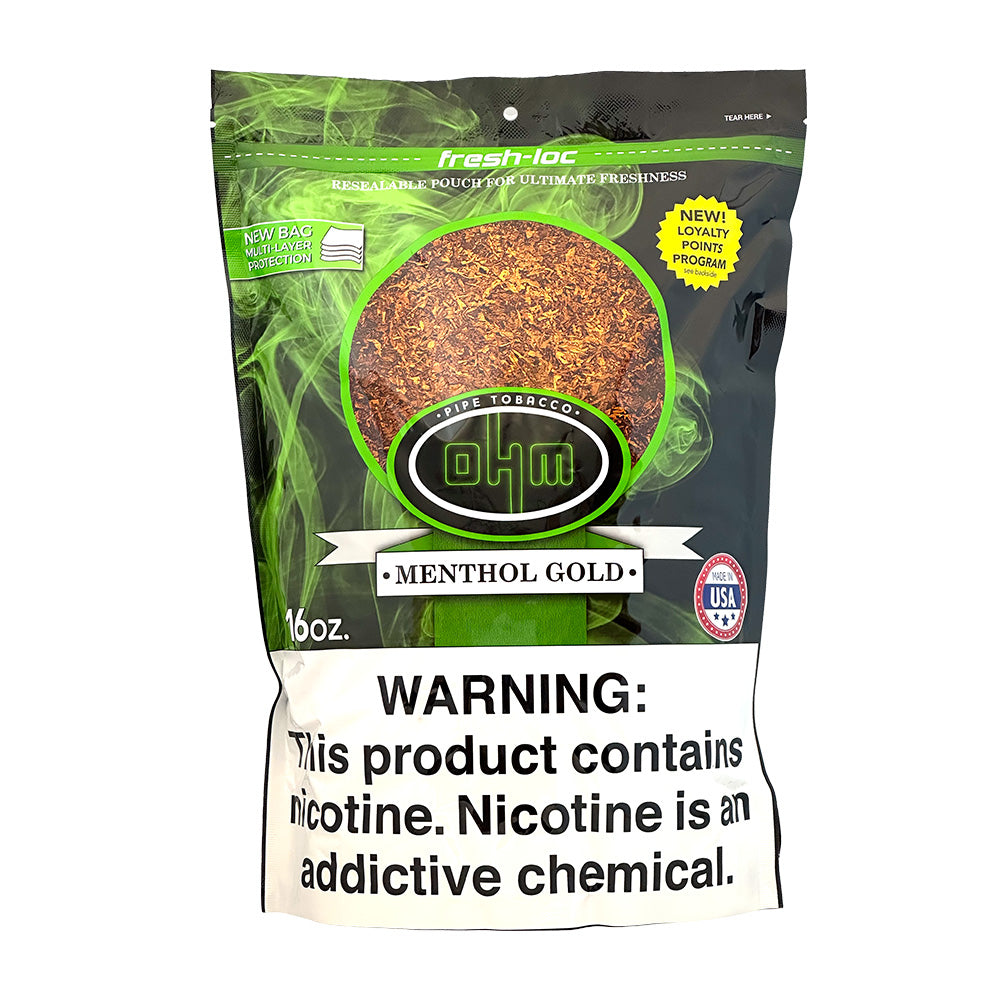 OHM Menthol Gold Pipe Tobacco in 16oz pack, featuring menthol-infused pipe tobacco with golden tobacco leaves.