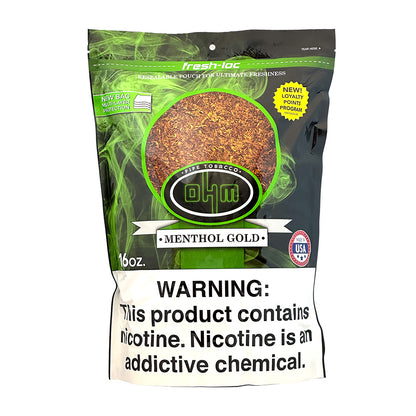 OHM Menthol Gold Pipe Tobacco in 16oz pack, featuring menthol-infused pipe tobacco with golden tobacco leaves.
