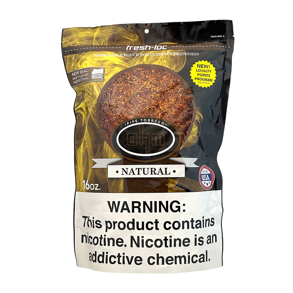OHM Natural Pipe Tobacco in a 16oz package, showcasing fresh, high-quality tobacco leaves for pipe smoking.
