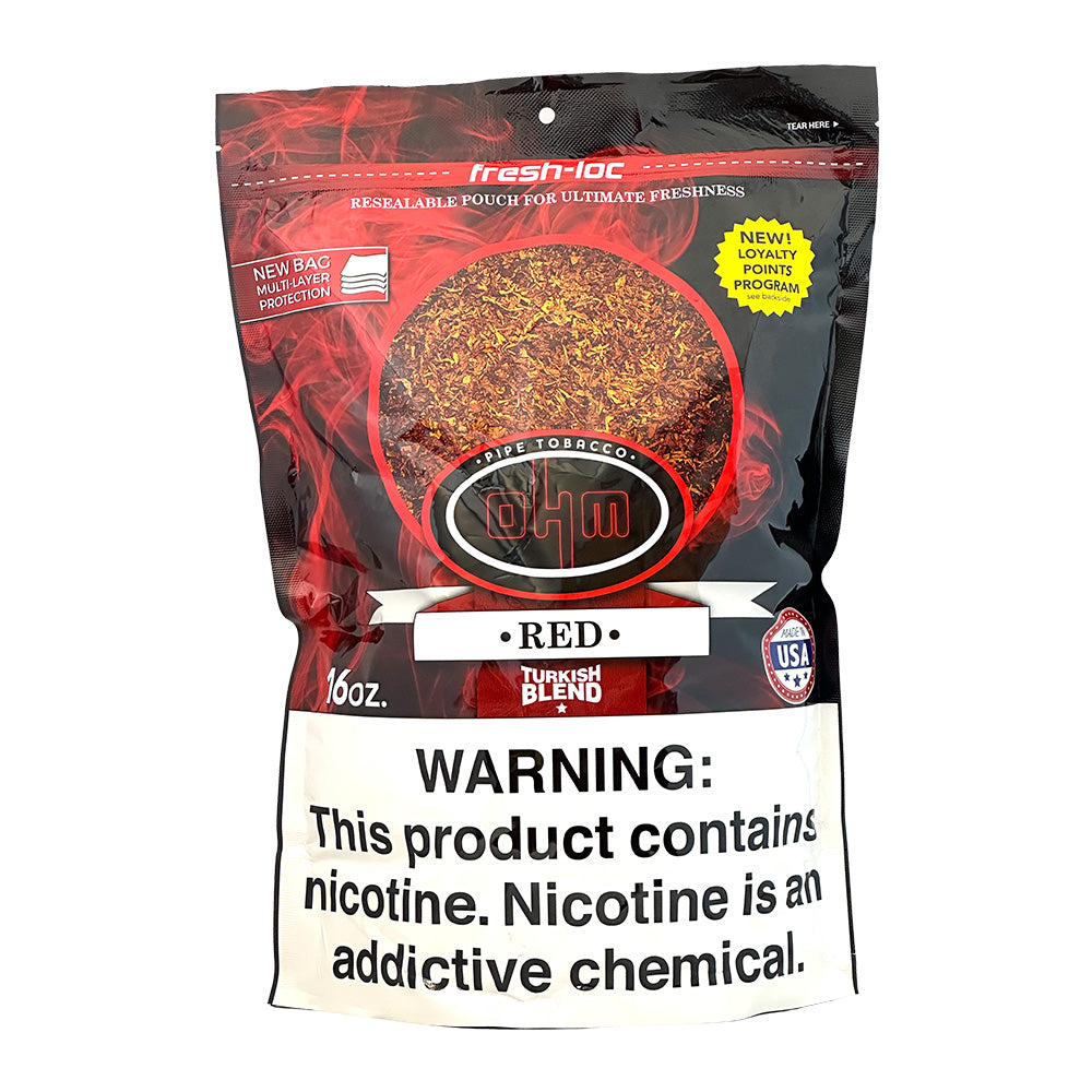 OHM Turkish Red Pipe Tobacco in 16oz bag, featuring rich red tobacco leaves for pipe smoking.