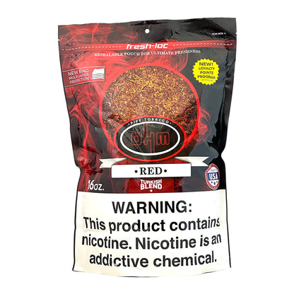 OHM Turkish Red Pipe Tobacco in 16oz bag, featuring rich red tobacco leaves for pipe smoking.