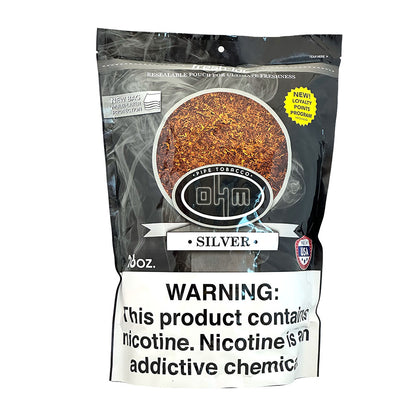 OHM Silver Pipe Tobacco in a 16oz package, featuring silver-colored packaging and classic pipe tobacco branding.